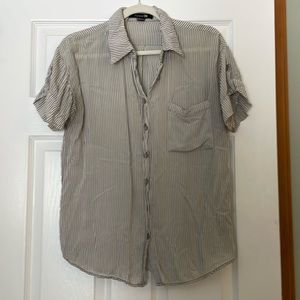 Grey and white striped short-sleeved blouse